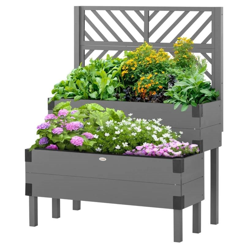 grey trellis planter 2 Tier Self Draining Wood Raised Garden Bed Planter Box with Trellis - 42.5" W x 25.5" D x 55" H