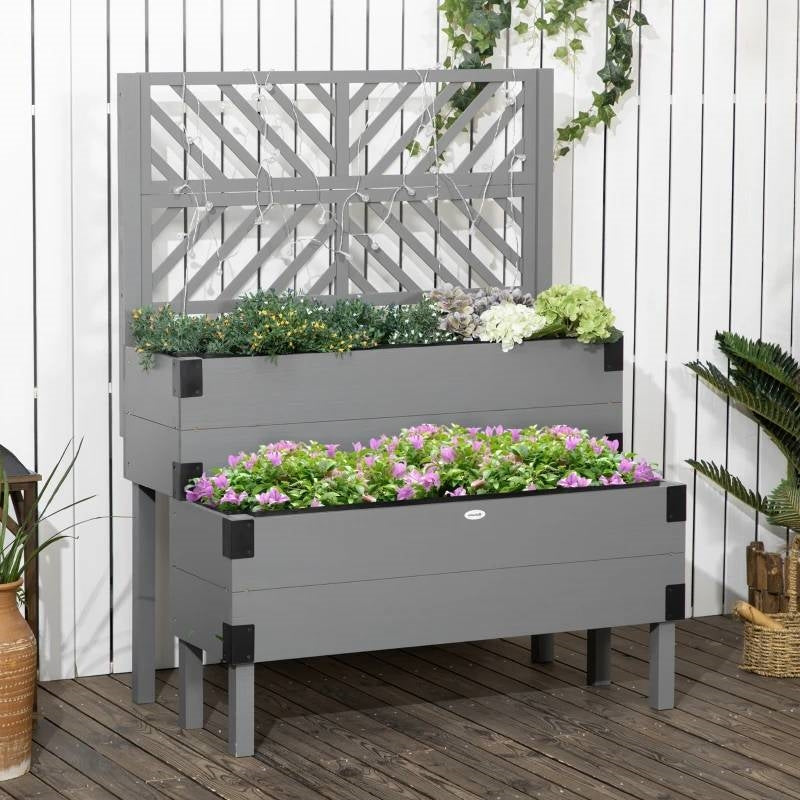 grey wooden trellis 2 Tier Self Draining Wood Raised Garden Bed Planter Box with Trellis - 42.5" W x 25.5" D x 55" H