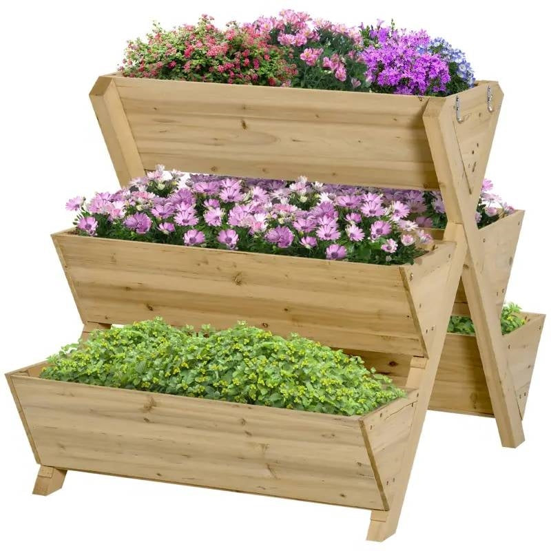 3 tier planter pots 3-Tier Outdoor Fir Wood Elevated Planter Herb Flower Box Raised Garden Bed - Natural