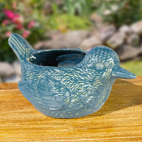 17.5" Hand Painted Ceramic Bird Planter In Blue