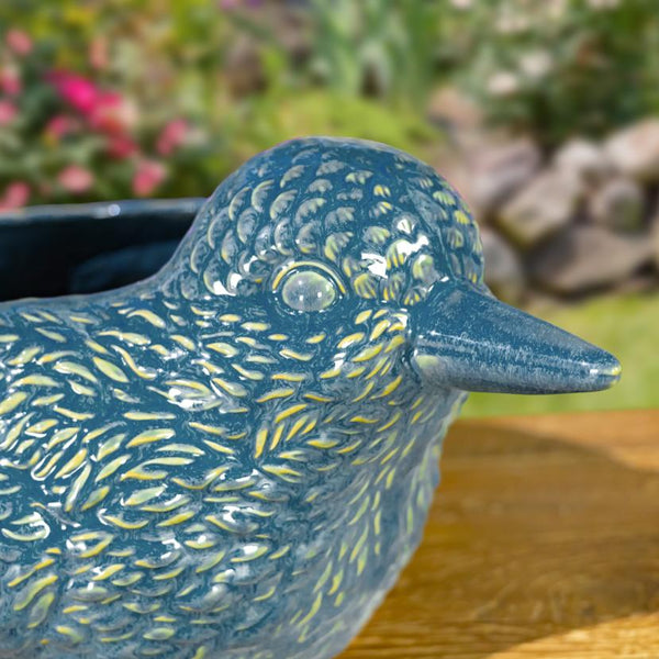 17.5" Hand Painted Ceramic Bird Planter In Blue