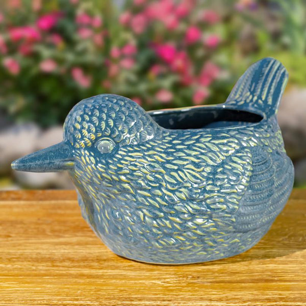 17.5" Hand Painted Ceramic Bird Planter In Blue