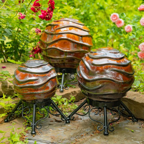 Set of 3 Assorted Porcelain Gazing Globes with Metal Stands