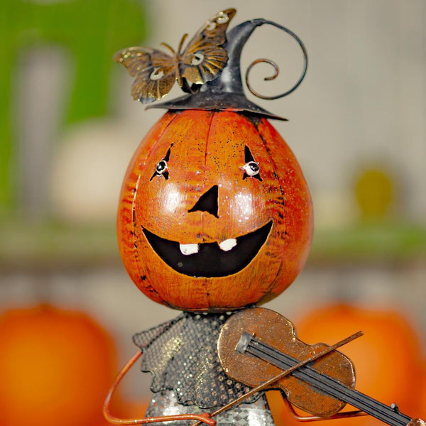 Set of 2 Metal Jack-O-Lantern Musician Couple Figurines