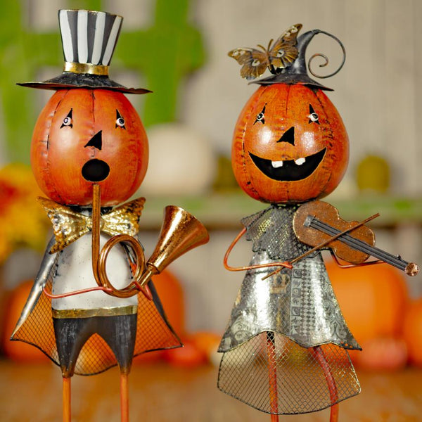 Set of 2 Metal Jack-O-Lantern Musician Couple Figurines