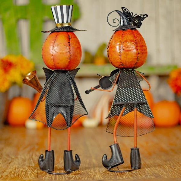 Set of 2 Metal Jack-O-Lantern Musician Couple Figurines