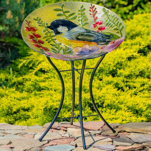 18" Glass Bowl Birdbaths With Metal Stand