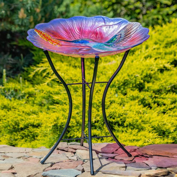 18" Glass Bowl Birdbaths With Metal Stand