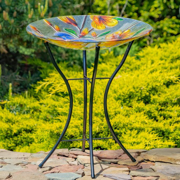 18" Glass Bowl Birdbaths With Metal Stand
