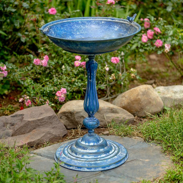 Round Pedestal Birdbath Basin Stand with Bird Details in Blue