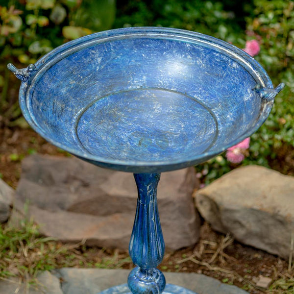 Round Pedestal Birdbath Basin Stand with Bird Details in Blue