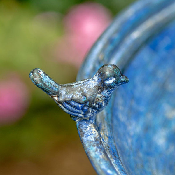 Round Pedestal Birdbath Basin Stand with Bird Details in Blue