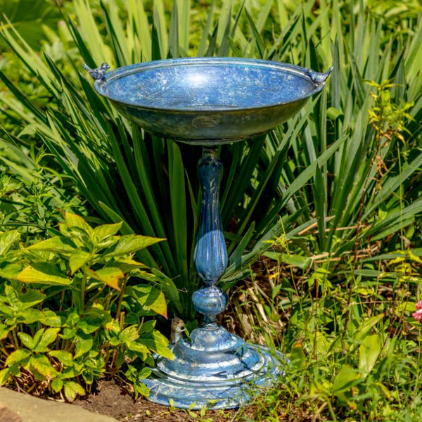 Round Pedestal Birdbath Basin Stand with Bird Details in Blue