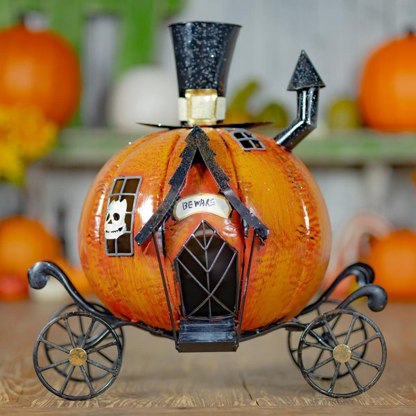 Haunted Forest Metal Halloween Pumpkin Carriage & Candleholder