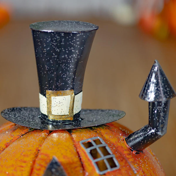 Haunted Forest Metal Halloween Pumpkin Carriage & Candleholder