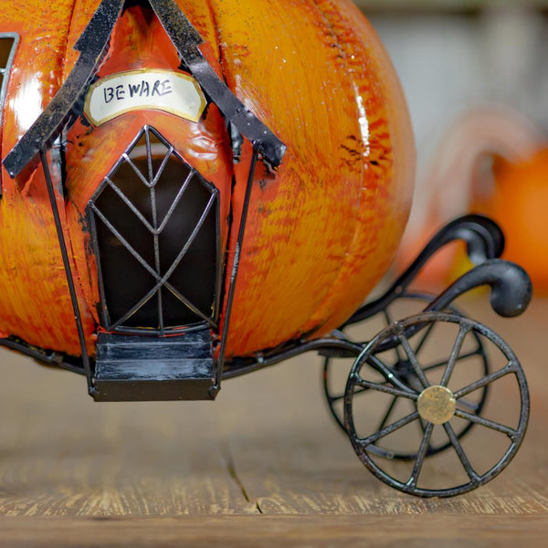 Haunted Forest Metal Halloween Pumpkin Carriage & Candleholder