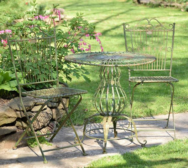 Three Piece Metal Bistro Set 2 Folding Chairs & Round Table in Antique Green
