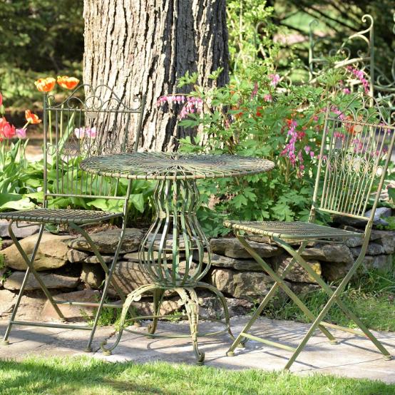 Three Piece Metal Bistro Set 2 Folding Chairs & Round Table in Antique Green