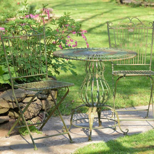 Three Piece Metal Bistro Set 2 Folding Chairs & Round Table in Antique Green