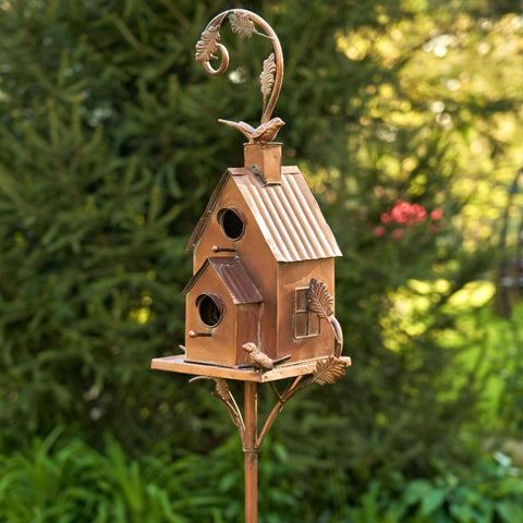 Two-Tier Classic Home Copper Birdhouse Stake "Lansdale" 75" Tall