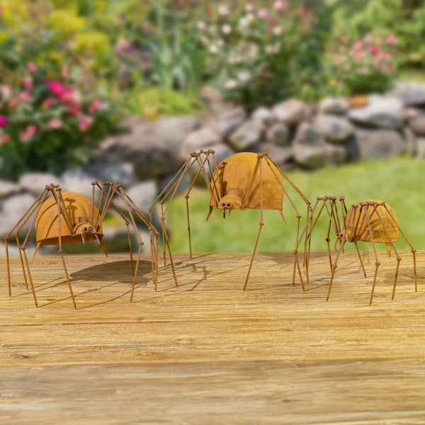 Set of 3 Metal Arachnid Spider Garden Figurines "Whisper, Webster, & Weaver"