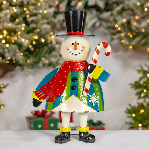 Iron Snowman with Top Hat Holding Candy Cane Figurine 25.5" Tall