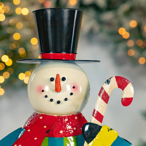 Iron Snowman with Top Hat Holding Candy Cane Figurine 25.5" Tall