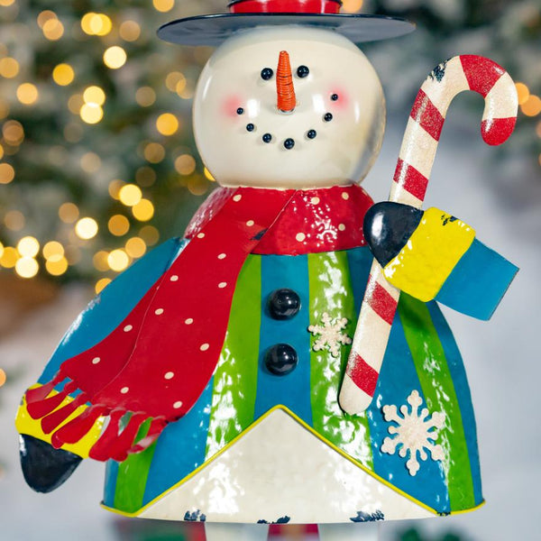 Iron Snowman with Top Hat Holding Candy Cane Figurine 25.5" Tall