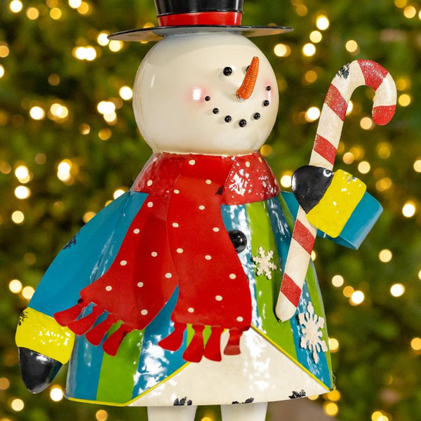 Iron Snowman with Top Hat Holding Candy Cane Figurine 25.5" Tall