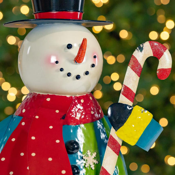 Iron Snowman with Top Hat Holding Candy Cane Figurine 25.5" Tall