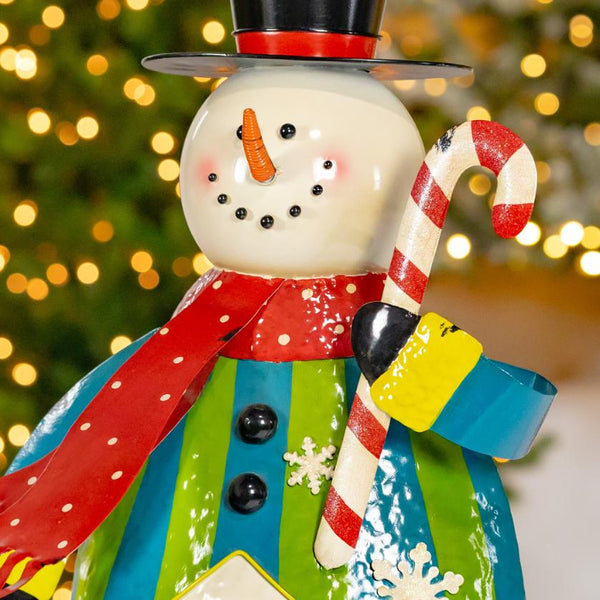 Iron Snowman with Top Hat Holding Candy Cane Figurine 25.5" Tall
