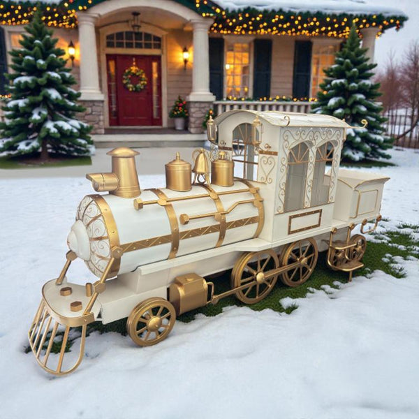 12.5ft. Large White & Gold Iron Train with Cart "The North Pole Express"