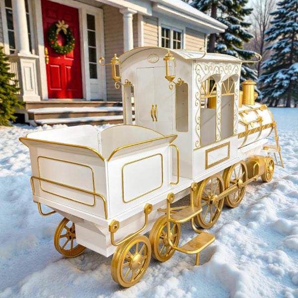 12.5ft. Large White & Gold Iron Train with Cart "The North Pole Express"
