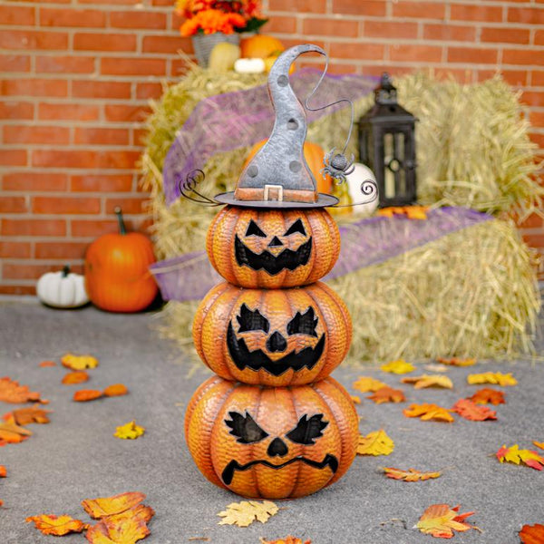 Jack-O-Lantern Pumpkin Stack Halloween Decoration 31" Tall Iron Metal