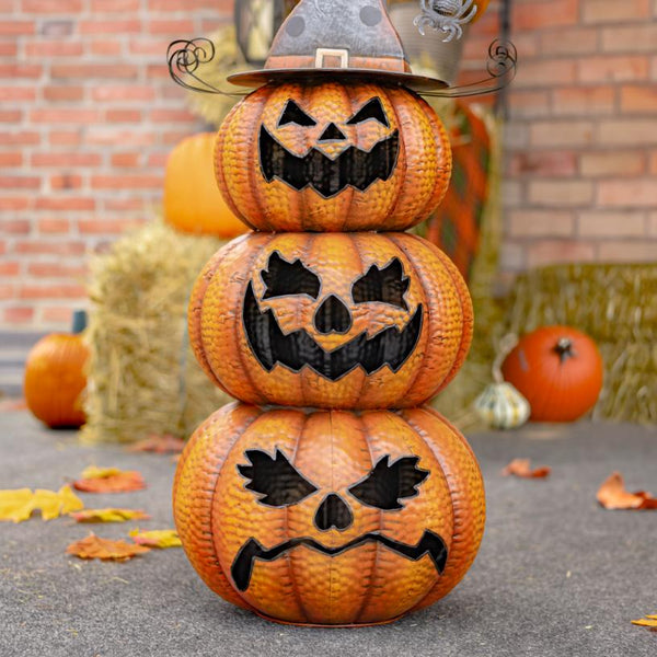 Jack-O-Lantern Pumpkin Stack Halloween Decoration 31" Tall Iron Metal