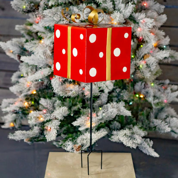 Red & White Polka Dot Gift Box with Gold Bow Iron Christmas Stake 32.5" Tall