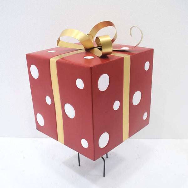 Red & White Polka Dot Gift Box with Gold Bow Iron Christmas Stake 32.5" Tall