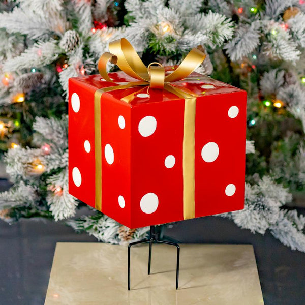 Red & White Polka Dot Gift Box with Gold Bow Iron Christmas Stake 32.5" Tall