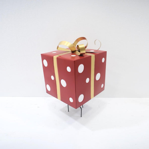 Red & White Polka Dot Gift Box with Gold Bow Iron Christmas Stake 32.5" Tall