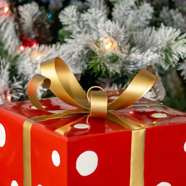 Red & White Polka Dot Gift Box with Gold Bow Iron Christmas Stake 32.5" Tall