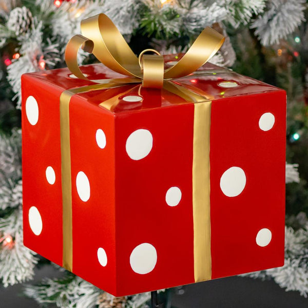 Red & White Polka Dot Gift Box with Gold Bow Iron Christmas Stake 32.5" Tall