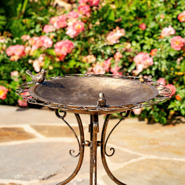 Ornate Round Iron Water Birbath with 3 Small Birds "Stephania"