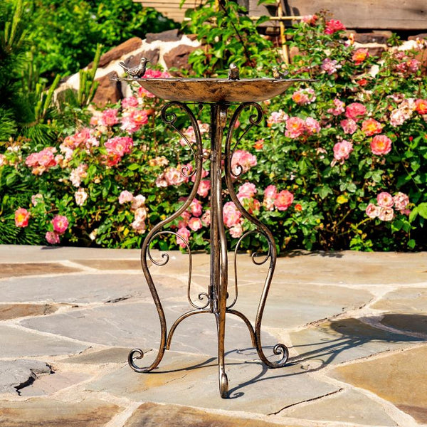 Ornate Round Iron Water Birbath with 3 Small Birds "Stephania"