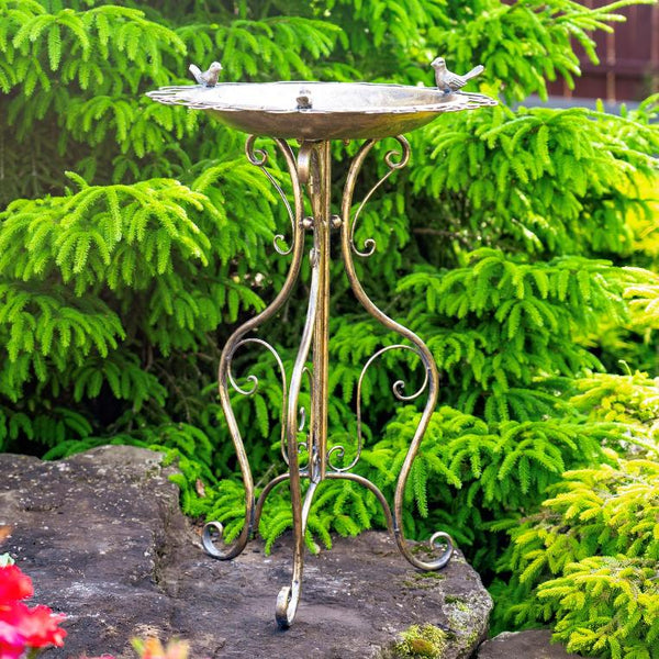Ornate Round Iron Water Birbath with 3 Small Birds "Stephania"