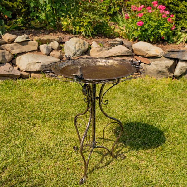 Ornate Round Iron Water Birbath with 3 Small Birds "Stephania"