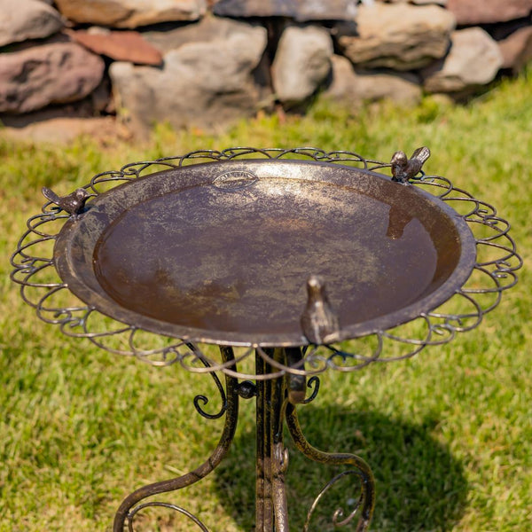 Ornate Round Iron Water Birbath with 3 Small Birds "Stephania"
