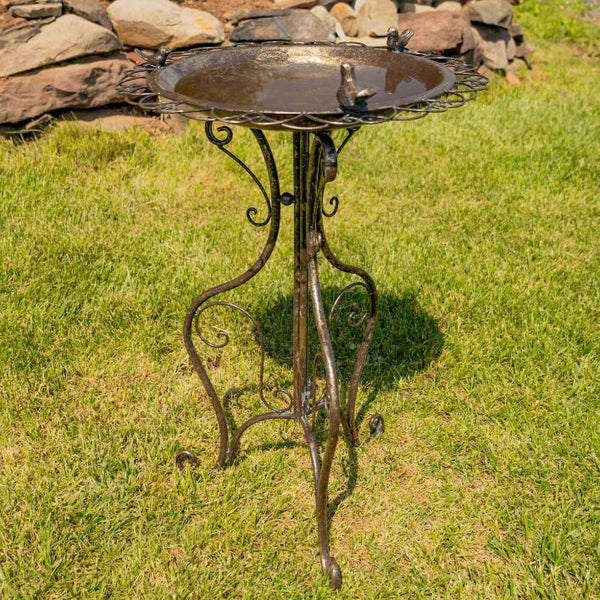 Ornate Round Iron Water Birbath with 3 Small Birds "Stephania"