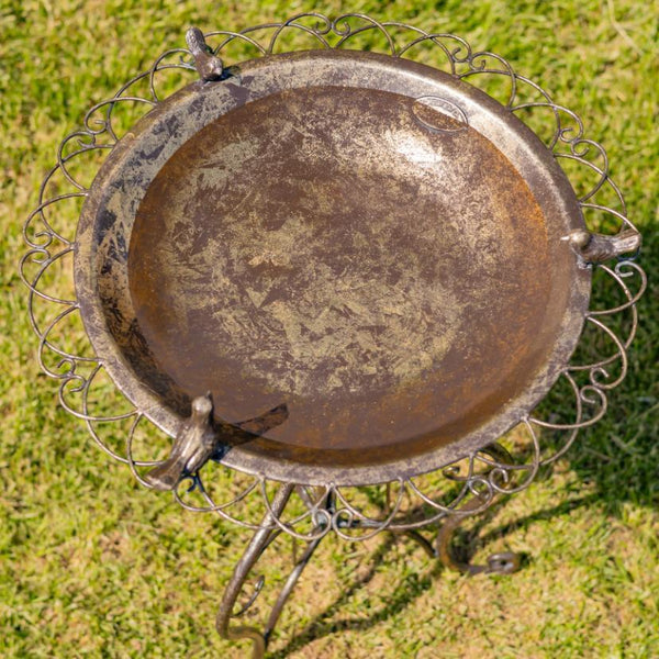 Ornate Round Iron Water Birbath with 3 Small Birds "Stephania"