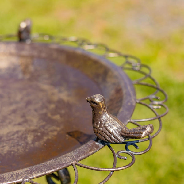 Ornate Round Iron Water Birbath with 3 Small Birds "Stephania"