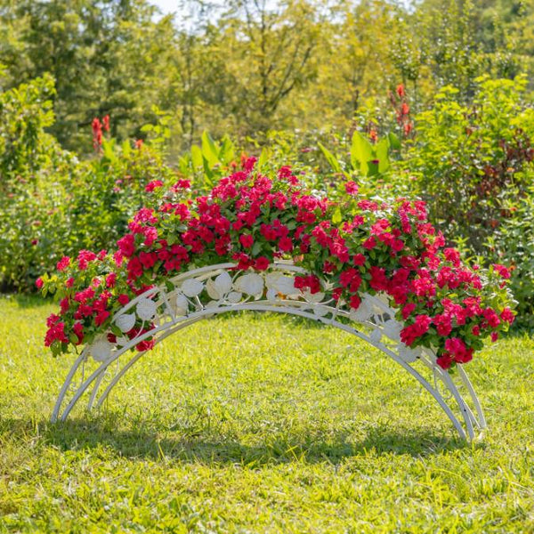 Bridge-Like Iron Plant Stand Arches with Five Planters 5ft. Long